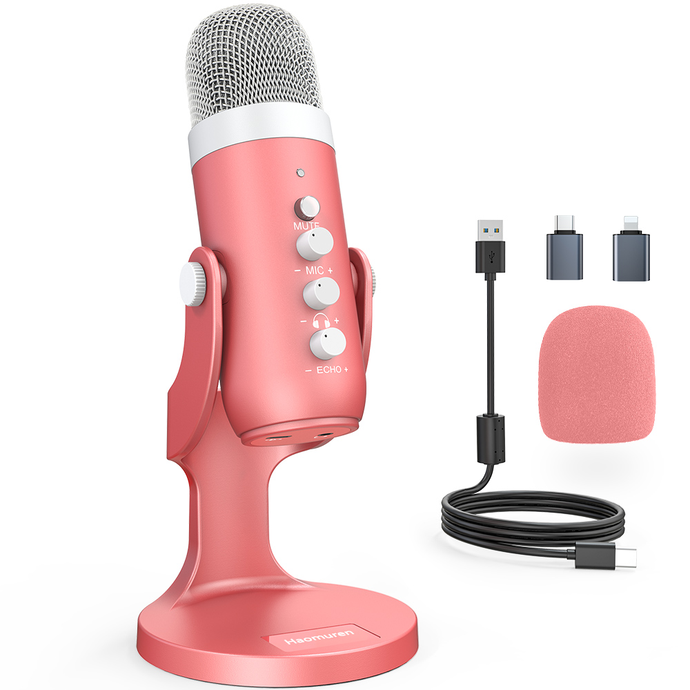Streaming Mic Condenser - Haomuren USB 콘덴서 마이크, 핑크 스튜디오