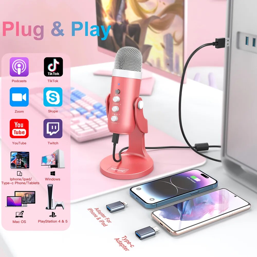Haomuren USB 콘덴서 마이크, 핑크 스튜디오  - Streaming Mic Condenser 리뷰 및 가격